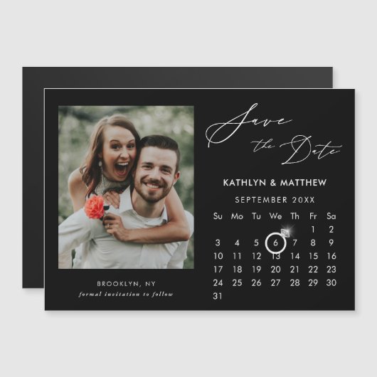 Modern Zwart Elegant Script Photo Save The Date Magnetische Uitnodiging (Voorkant / Achterkant)
