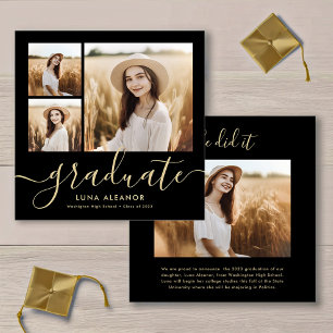 Modern zwart en Gold Script 4 Foto Afstuderen Aankondiging