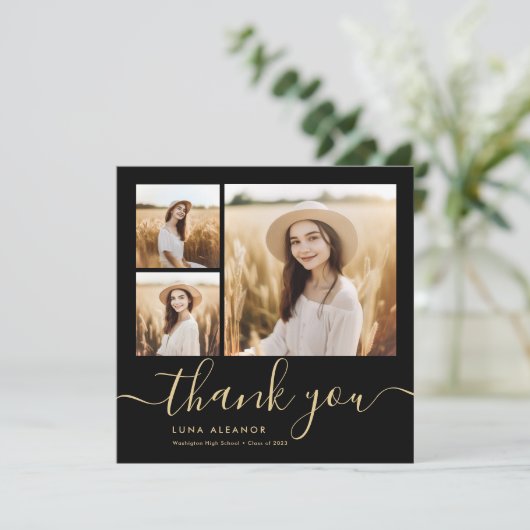 Modern zwart en Gold Script 4 Foto Afstuderen Bedankkaart (Staand voorkant)