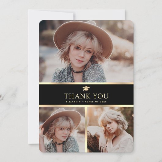 Modern Zwart en Goud 3 Foto Afstuderen Bedankkaart (Voorkant)
