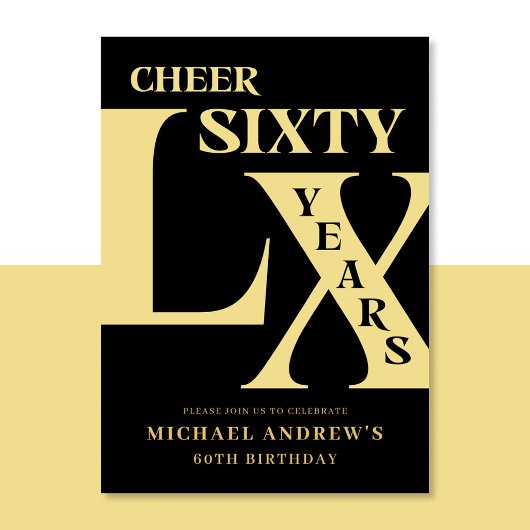 Modern Zwart en Goud 60e Verjaardag Uitnodiging