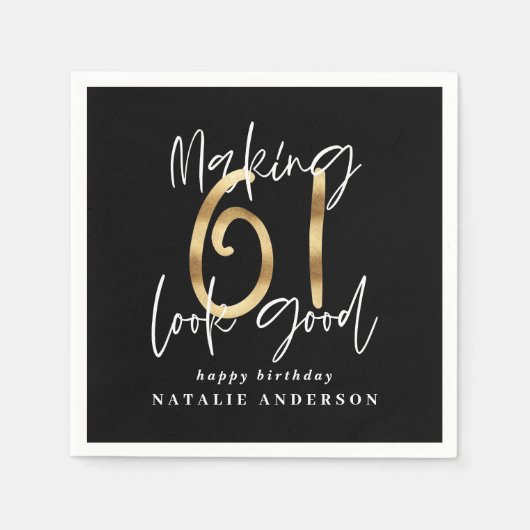 Modern zwart en goud 61ste verjaardag viering servet (Voorkant)