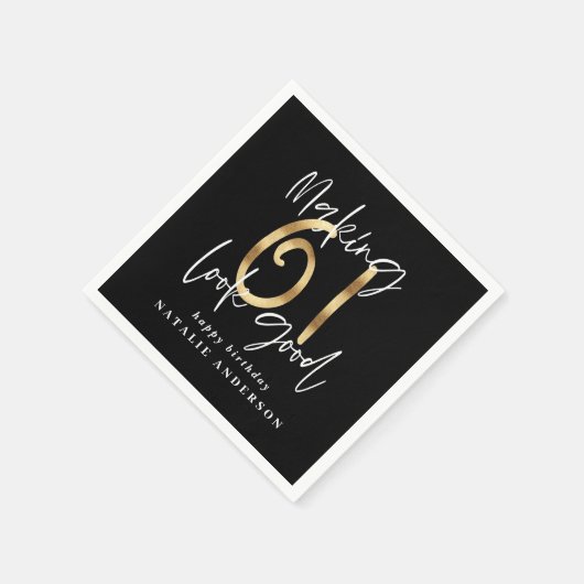 Modern zwart en goud 61ste verjaardag viering servet (Hoek)