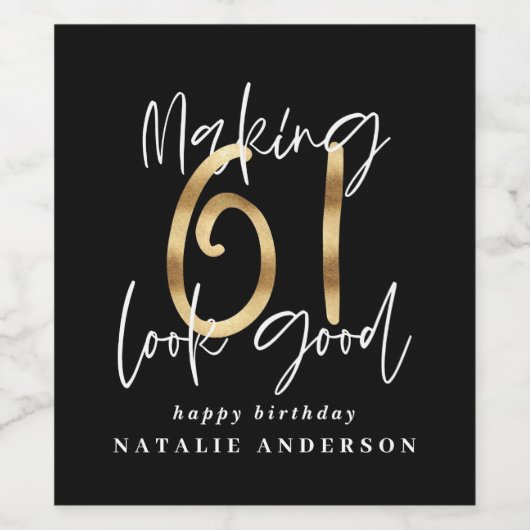 Modern zwart en goud 61ste verjaardag viering wijn etiket (Enkel label)