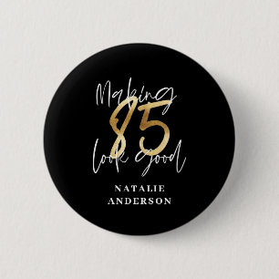 modern , zwart en goud - 85e verjaardag ronde button 5,7 cm