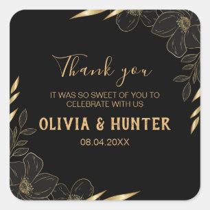 Modern Zwart en Goud Bloemen bruiloft Dank u Vierkante Sticker