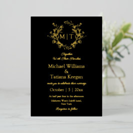 Modern zwart en goud botanische monogram bruiloft folie uitnodiging