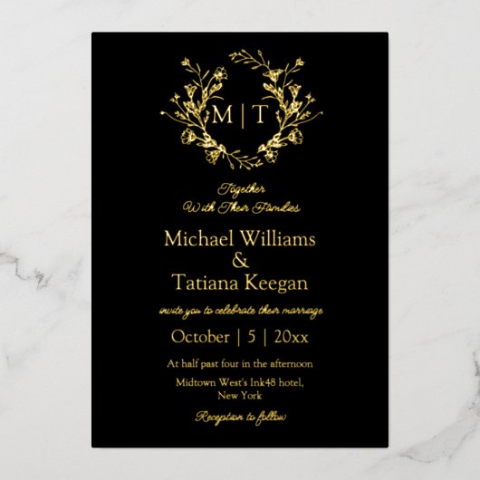 Modern zwart en goud botanische monogram bruiloft folie uitnodiging (Voorkant)