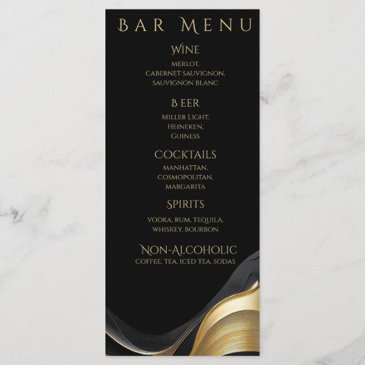 Modern zwart en goud bruiloft diner en bar menu (Achterkant)