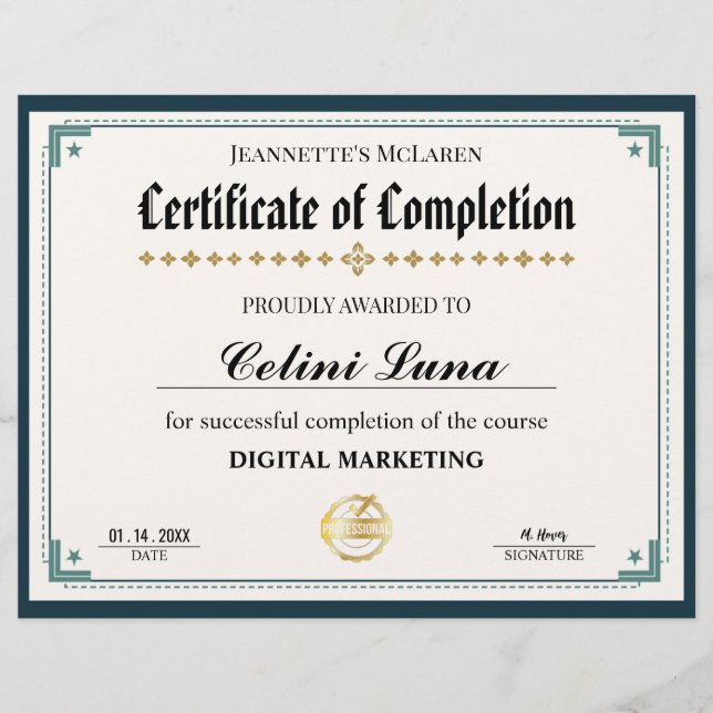 Modern zwart en goud certificaat van voltooiing (Voorkant)