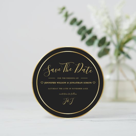 Modern Zwart en Goud Elegant Eenvoudig Rond Save The Date (Staand voorkant)