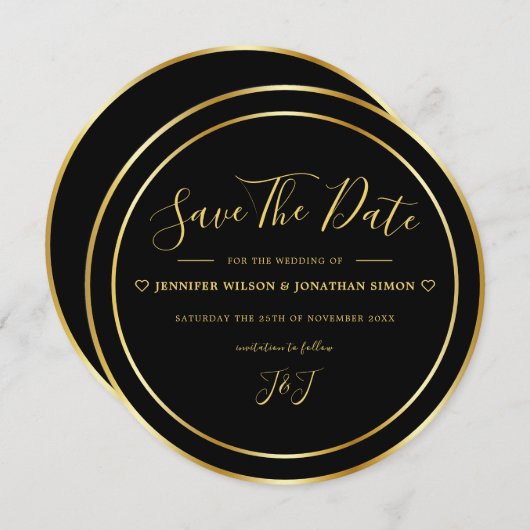 Modern Zwart en Goud Elegant Eenvoudig Rond Save The Date (Voorkant / Achterkant)