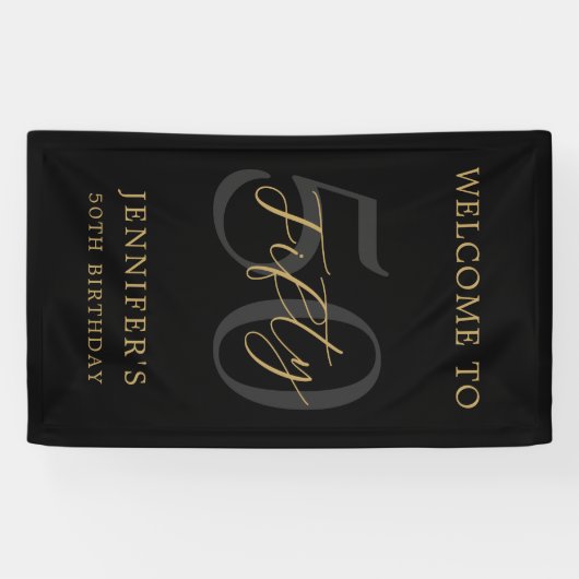 Modern zwart en goud elegante 50e verjaardag spandoek (Horizontaal)