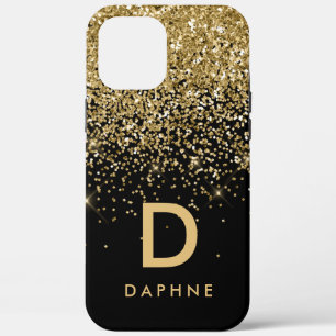 Modern zwart en goud glitter initiaal monogram iPhone 12 pro max hoesje