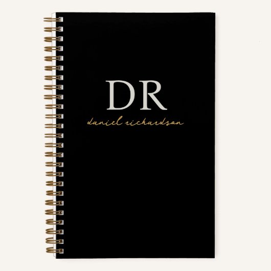 Modern zwart en goud Initiaal Script Monogram Notitieboek (Voorkant)