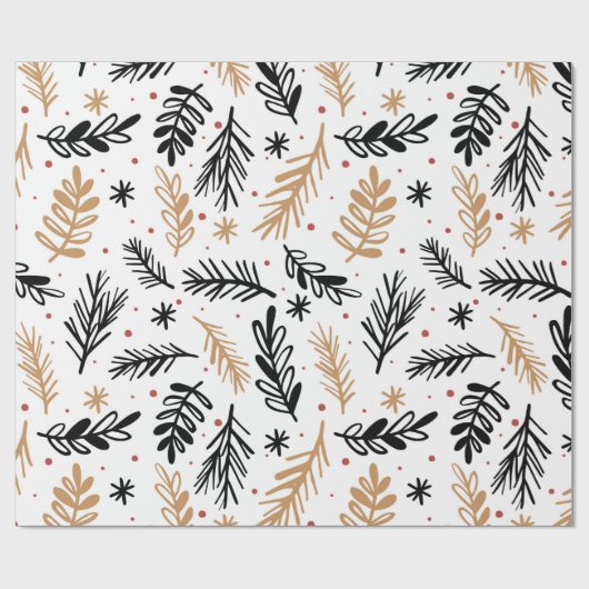 Modern zwart en goud kerstgebladerte cadeaupapier (Vlak)