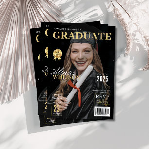 Modern zwart en goud magazine foto afstuderen kaart