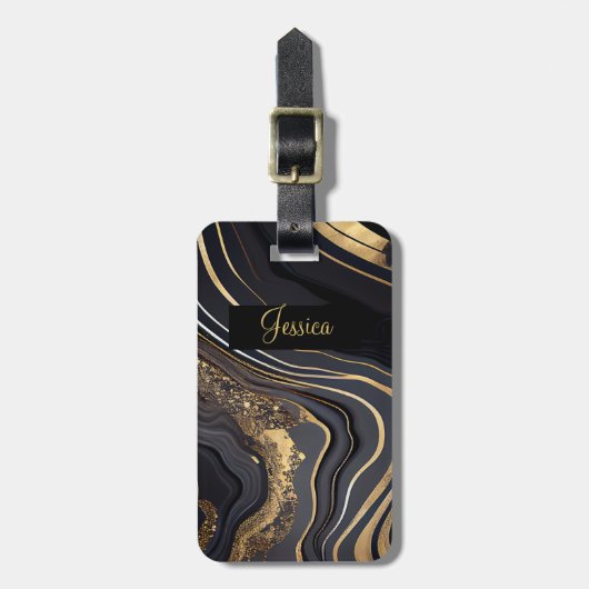 Modern Zwart en Goud Marbled Bagagelabel (Voorkant verticaal)