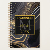 Modern Zwart en Goud Marbled Monogram Planner (Voorkant)
