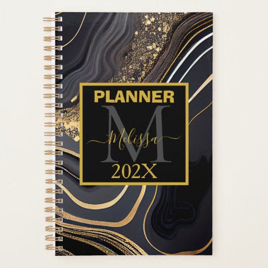 Modern Zwart en Goud Marbled Monogram Planner (Voorkant)