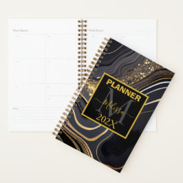Modern Zwart en Goud Marbled Monogram Planner