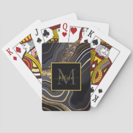 Modern Zwart en Goud Marbled Monogram Pokerkaarten