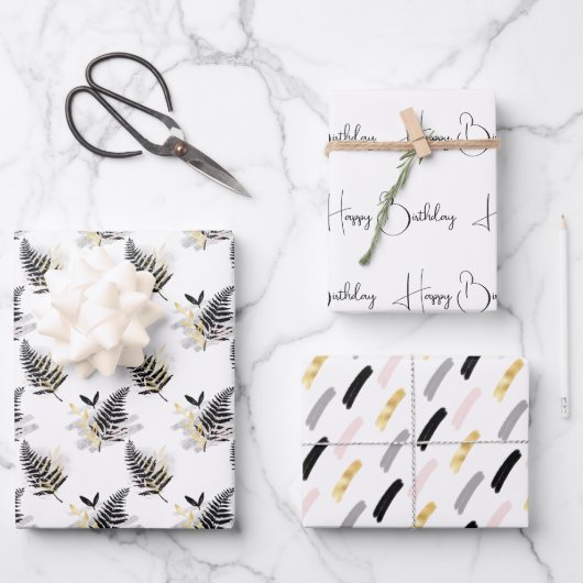 Modern zwart en goud op wit gecoördineerd inpakpapier vel (Voorkant)