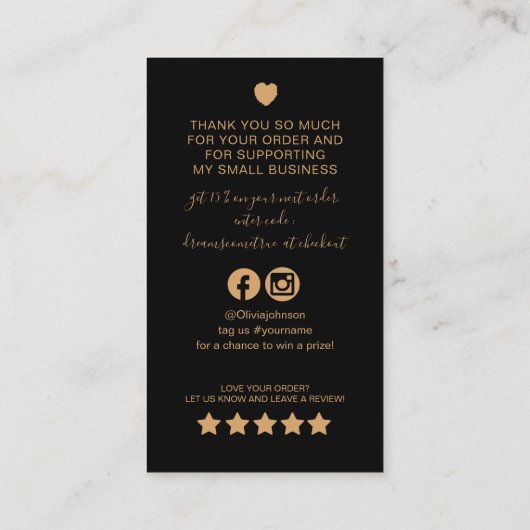 Modern Zwart en Goud QR code Bestellen dank u Visitekaartje (Achterkant)