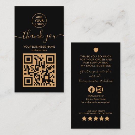 Modern Zwart en Goud QR code Bestellen dank u Visitekaartje (Voorkant / Achterkant)