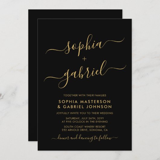 Modern Zwart en Goud Script Monogram Bruiloft Kaart (Voorkant / Achterkant)