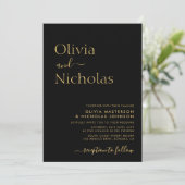 Modern Zwart en Goud Script QR Code Foto Bruiloft Kaart (Staand voorkant)