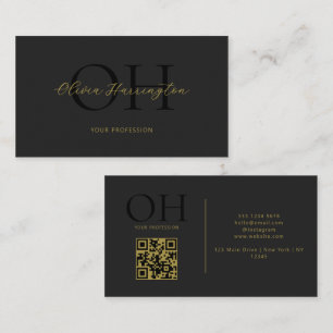 Modern zwart en goud script QR Code Monogram Visitekaartje