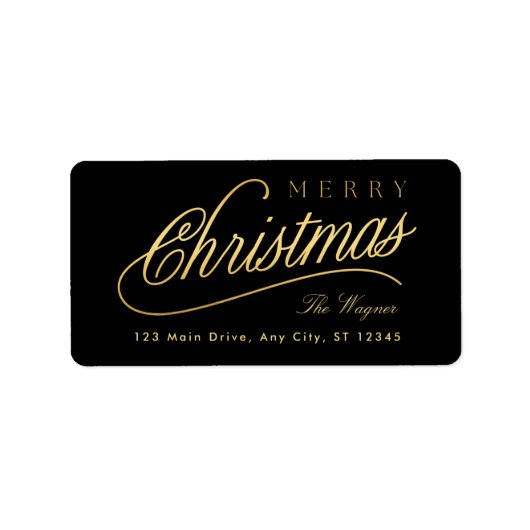 Modern zwart en goud script Vrolijk kerstfeest Etiket (Voorkant)