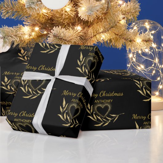 Modern Zwart en Goud Vrolijk Kerstnaam Hart Cadeaupapier (Feestdagen)