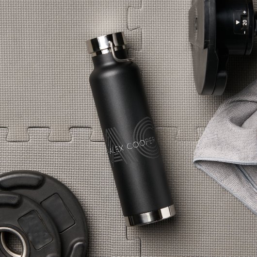 Modern zwart en grijs monogram waterfles (Gym)