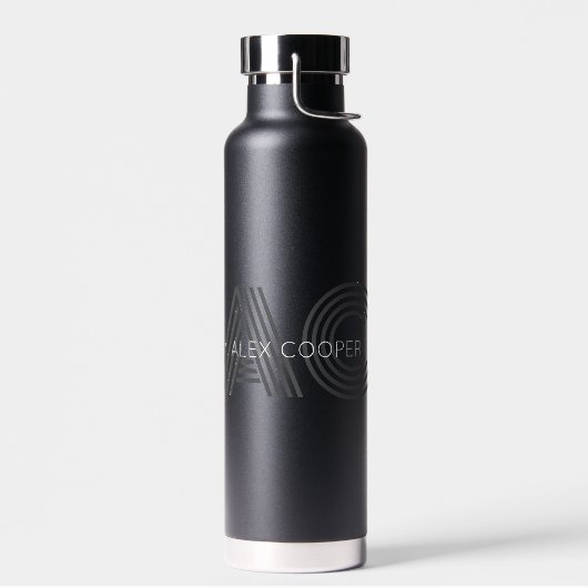 Modern zwart en grijs monogram waterfles (Links)