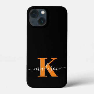 Modern zwart en oranje monogram iPhone 13 mini hoesje
