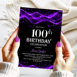 Modern zwart en Paarse 100ste verjaardagsfeest Kaart