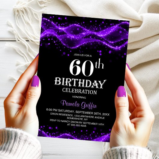 Modern zwart en Paarse 60ste verjaardagsfeest Kaart