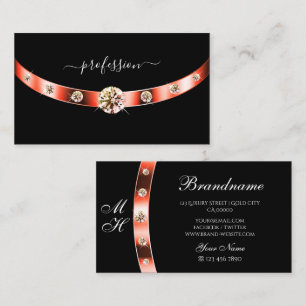 Modern zwart en roze goud met monogram diamanten visitekaartje