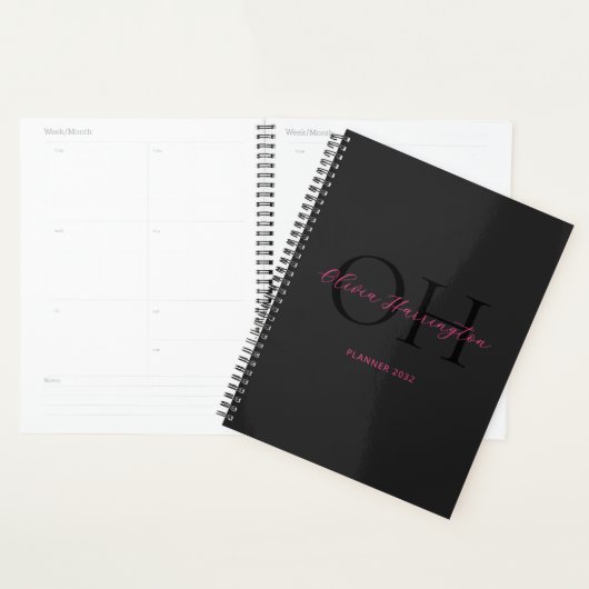 Modern Zwart en Roze Script Classic Monogram Planner (Display)