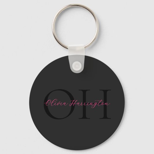 Modern Zwart en Roze Script Classic Monogram Sleutelhanger (Voorkant)