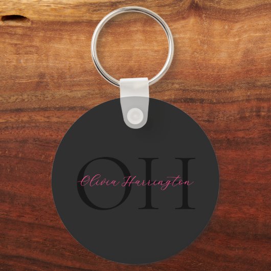 Modern Zwart en Roze Script Classic Monogram Sleutelhanger (Voorkant)