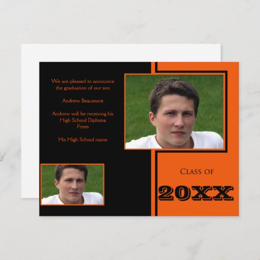 Modern zwart en Sinaasappel Quad Afstuderen Aankondiging (Voorkant / Achterkant)