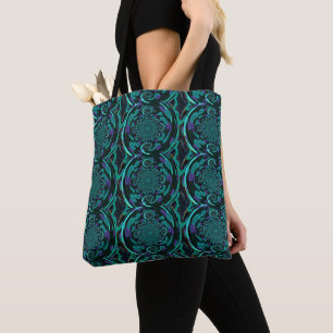 Modern zwart en turquoise fractal patroon draagtas