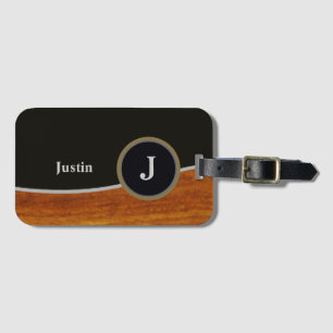Modern Zwart/faux hout monogram Bagagelabel