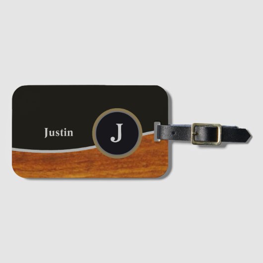 Modern Zwart/faux hout monogram Bagagelabel (Voorkant (horizontaal))