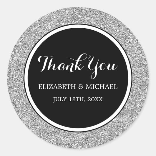 Modern zwart faux zilver glitter bruiloft dank u ronde sticker (Voorkant)
