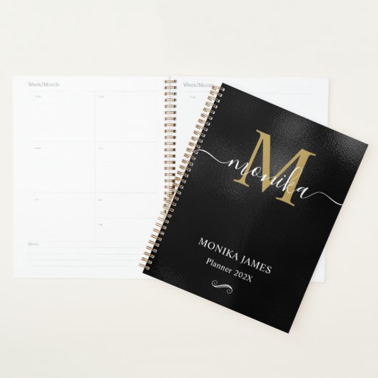 Modern zwart geborsteld metaal goud monogram planner (Display)