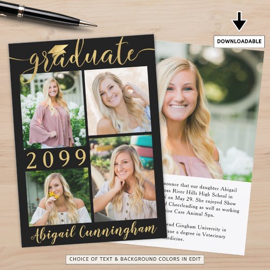 Modern zwart Gold Script 5 Foto Afstuderen Aankondiging